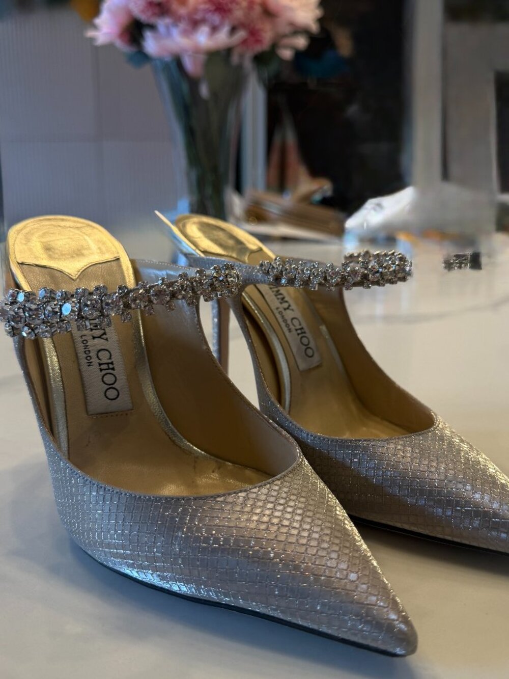 Jimmy Choo Bing 100 Champagne Glitter Crystal Strap Pointed Toe Mules Sz 38